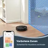 A robot vacuum cleaner on a wooden floor near a wall, with a smartphone displaying a map and an overlay indicating forbidden zones. Podgląd zdjęcia produktu