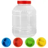 A large clear plastic container with a red lid, and four colored lids (blue, red, green, yellow) shown below. Podgląd zdjęcia produktu