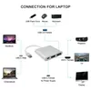 Diagram showing how to connect a USB-C hub adapter to various devices like MacBooks, Chromebooks, projectors, TVs, and displays. Produktbild-Vorschau