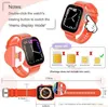Collage of images showing an orange smartwatch, its features, and dimensions. Produktbild-Vorschau