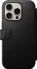 A black leather iPhone case with a flap closure and card slots is shown against a white background. Produktbild-Vorschau