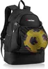 A black backpack with a soccer ball in a mesh pocket. Produktbild-Vorschau