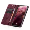 A burgundy flip case for a smartphone is shown open, revealing the phone's screen and card slots. Produktbild-Vorschau