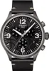 A close-up, front-facing view of a Tissot Chrono XL 3x3 Street Basketball Edition watch with a black dial and black leather strap. Produktbild-Vorschau