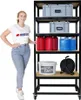 A woman stands next to a black metal shelving unit filled with various items, including storage boxes, containers, and a coiled cable. Produktbild-Vorschau
