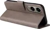 A gray flip case for a smartphone is shown standing open, revealing the phone's camera lenses. Produktbild-Vorschau