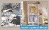 Split image showing before and after organization of clothes on a rolling rack. Voir les images du produit