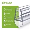 A clear plastic shower seal with green marketing text and icons on the left. Produktbild-Vorschau