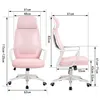 Two views of a pink office chair with dimensions indicated by measurement lines and text. Produktbild-Vorschau