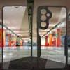 A split image showing a phone screen protector on the left and a phone case on the right, both displaying a parking garage scene. Produktbild-Vorschau