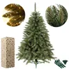 A detailed product shot of an artificial Christmas tree, complete with close-up inserts of its branches and packaging. Produktbild-Vorschau