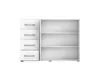 A white dresser with four drawers on the left and an open shelving unit on the right, isolated on a white background. Produktbild-Vorschau