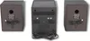 The back view of a stereo system with two speakers and a central unit. Produktbild-Vorschau