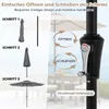 An instructional diagram showing how to open and close a patio umbrella, with steps labeled in German. Produktbild-Vorschau