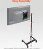 A schematic diagram showing the assembly of a rolling TV stand. Voir les images du produit