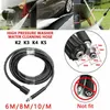 Collage of images showing a high-pressure washer hose being used for cleaning, close-ups of connectors with dimensions, and a 'not fit' example. Produktbild-Vorschau