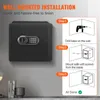 An image showing a safe mounted on a wall with step-by-step instructions for installation. Produktbild-Vorschau