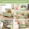 Collage of images showing a green toy chest in different room settings: a child's room, kindergarten, living room, entryway, and bedroom. Voir les images du produit
