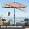 A patio umbrella is shown on a deck overlooking the ocean, with chairs and a small table. Produktbild-Vorschau