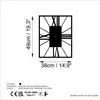 A technical drawing of a wall clock with dimensions and material information. Podgląd zdjęcia produktu