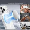 Collage showing a transparent iPhone case with MagSafe compatibility, people using MagSafe accessories, and a car mount. Podgląd zdjęcia produktu