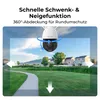 A security camera is shown in the center of the image, with a scenic view of a park and houses in the background. Arrows indicate the camera's pan and tilt capabilities. Produktbild-Vorschau
