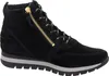 A black suede bootie with a gold zipper and laces, shown from the side against a white background. Produktbild-Vorschau