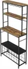 A tall, multi-shelf wine rack with a rustic wood finish and black metal frame. Podgląd zdjęcia produktu