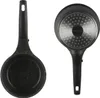 A top-down view and a bottom view of a black frying pan with a speckled interior and a silver bottom with a pattern of dots. Produktbild-Vorschau