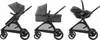A collage of three images showing a stroller in different configurations: with a seat, with a bassinet, and with a car seat. Produktbild-Vorschau