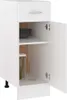 A white kitchen cabinet with one open door, showing two shelves. Voir les images du produit