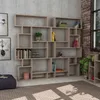 A modern, modular bookshelf filled with books, a plant, and decorative items, set against a textured grey wall and a brick accent wall. Anteprima dell’immagine prodotto