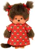 A plush toy monkey wearing a red dress with a pattern of smaller monkey faces. Produktbild-Vorschau