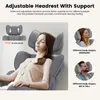 A woman is shown relaxing in a gray office chair with an adjustable headrest. The image also includes diagrams and photos illustrating the headrest's adjustability and suitability for different body types. Produktbild-Vorschau