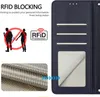 A marketing image showing a blue leather phone case with RFID blocking technology and a close-up of the material. Produktbild-Vorschau