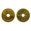 Two gold-colored tokens with holes in the center, one showing text and the other blank. Produktbild-Vorschau