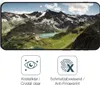 A smartphone screen displaying a mountain landscape, with two icons and text below representing product features. Produktbild-Vorschau