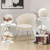 A beige velvet accent chair with gold metal legs, shown with close-up details of its features. Voir les images du produit