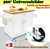 A white kitchen cart with a wooden countertop, displaying food items and featuring close-ups of its wheels. Náhled obrázku produktu