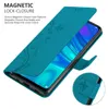 A teal flip phone case with a floral design is shown open, revealing a smartphone screen inside. A close-up inset shows the magnetic closure detail. Náhled obrázku produktu