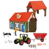 A collection of toy farm animals, a tractor with a trailer, a farmer figure, and farm buildings. Produktbild-Vorschau
