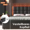 A close-up view of a bed with a tufted headboard and LED lighting, showcasing dimensions and mattress thickness. Náhled obrázku produktu