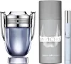 A set of Paco Rabanne Invictus fragrance products, including a large Eau de Toilette spray bottle, a deodorant spray, and a smaller travel-sized spray bottle, arranged together on a white background. Voir les images du produit
