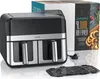 A black and silver dual-chamber air fryer is shown next to its packaging. Produktbild-Vorschau