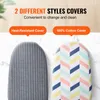 Two ironing board covers are displayed side-by-side, with text overlays describing their features. Produktbild-Vorschau