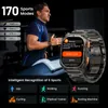 A man is running on a treadmill, wearing a smartwatch that displays workout information. The image also highlights the smartwatch's features and sports modes. Produktbild-Vorschau