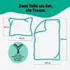 Diagram showing the dimensions of a two-piece bedding set, with a pillow and a duvet cover, and a close-up of a zipper. Produktbild-Vorschau