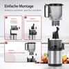 An image showing the assembly steps of a slow juicer, with accompanying fruit. Produktbild-Vorschau