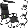 A collage of images showing a black zero gravity chair with a sunshade and a side table, in various positions. Anteprima dell’immagine prodotto