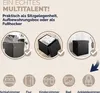Collage showing a storage ottoman used as a footrest, storage box, and a closed ottoman, with icons indicating room placements. Produktbild-Vorschau